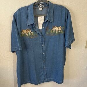 Vintage Blue Denim Shirt with Embroidered deer scene